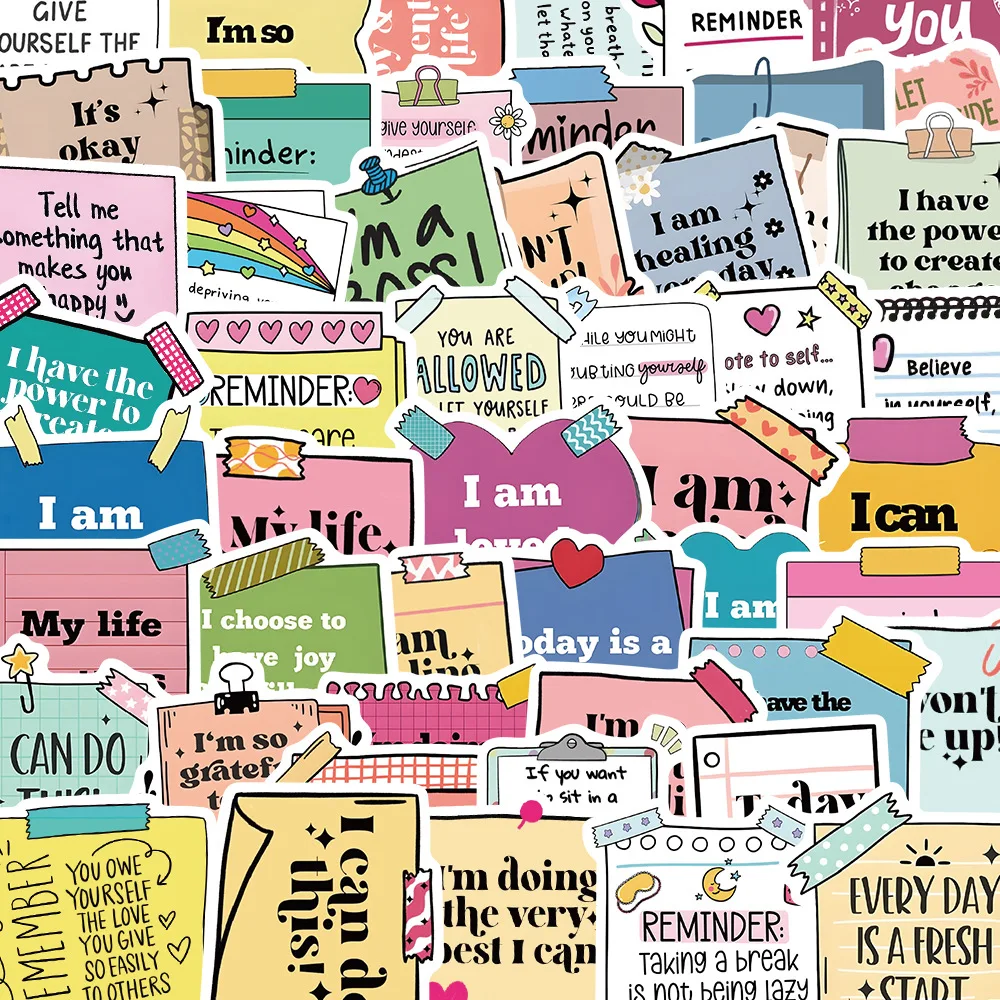 Cute Motivational Words Test Stickers feature a vibrant collage of colorful, overlapping stickers and cards with uplifting quotes like “I am enough” in various shapes, fonts, and cheerful pastel colors.