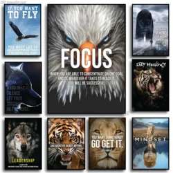 Animals Motivational Unframed Posters Motivation Art Canvas features nine striking animal designs””eagles, wolves, tigers, and lions””with inspiring quotes on focus, leadership, hard work, and mindset. The central eagle highlights “FOCUS.”.