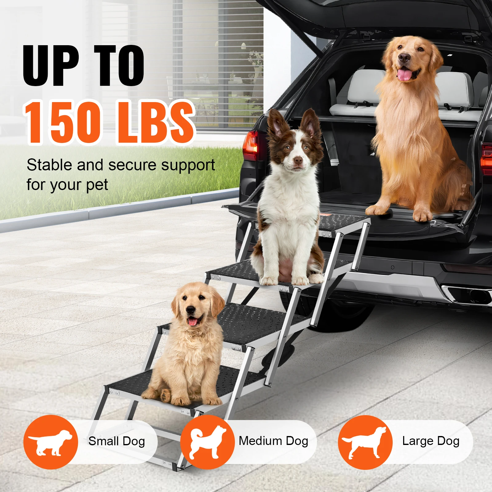 Three dogs””small, medium, and large””stand on the VEVOR Dog Stair for Cars, a folding 4-step portable aluminum pet stair supporting up to 150 lbs. Icons label sizes; scene shows outdoor pavement by an SUV.