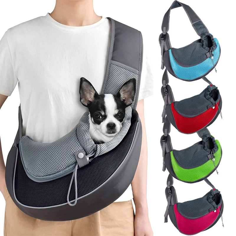 A person with a white shirt carries a black and white Chihuahua in a gray Pet Cat Dog Carrier Backpack Travel Tote Shoulder Bag. Four similar Mesh Sling Carry Packs appear in blue, gray, red, and green, each with shoulder straps.