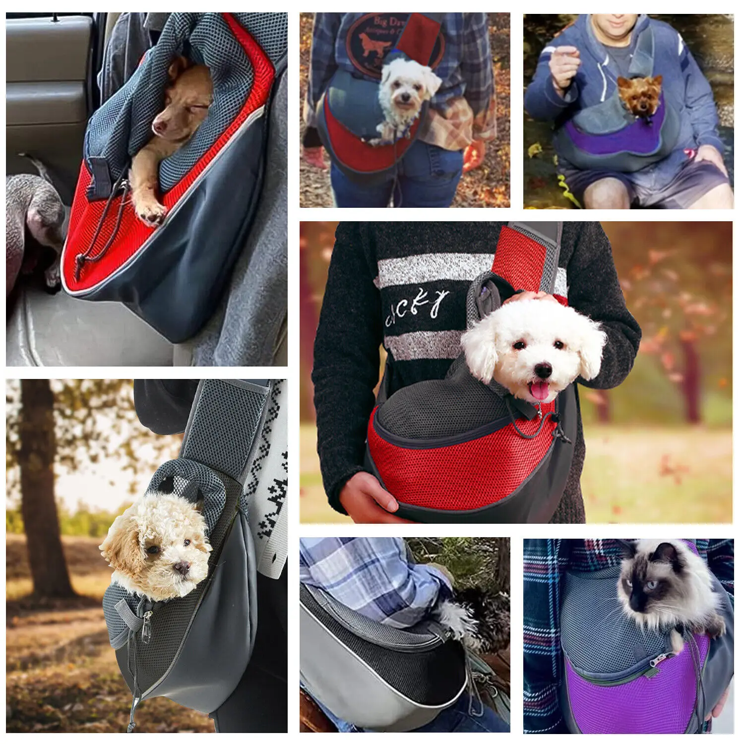 Collage of eight images shows people carrying small dogs or a cat in the Pet Puppy Carrier Mesh Oxford Shoulder Bag. Pets peek out from red, gray, or purple bags in settings like cars and parks, pairing stylishly with casual outfits.