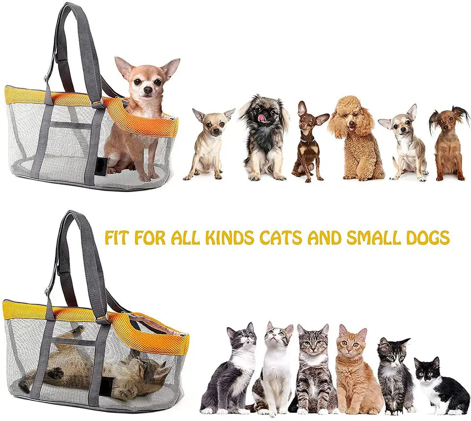 Two mesh Pet Carrier Bags are displayed””one holding a small dog (top), the other a cat (bottom). Around them are various small dogs and cats. Text: FIT FOR ALL MINIATURE SCHNAUZERS, CATS, AND SMALL DOGS.
