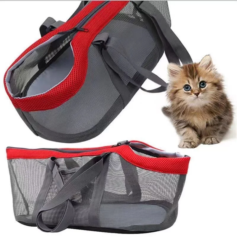 A fluffy brown and white kitten sits next to the Pet Carrier Bags Mesh Foldable Handbag Purse for Small Dogs, featuring breathable mesh, a shoulder strap, and side openings””ideal for transporting Miniature Schnauzers or other small pets.