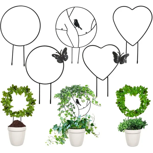 Six black Garden Plant Support Stake Stands, ideal as garden supports or plant stakes, feature heart and round designs with butterfly or bird accents. Perfect for displaying above potted plants to enhance your trellis decor.