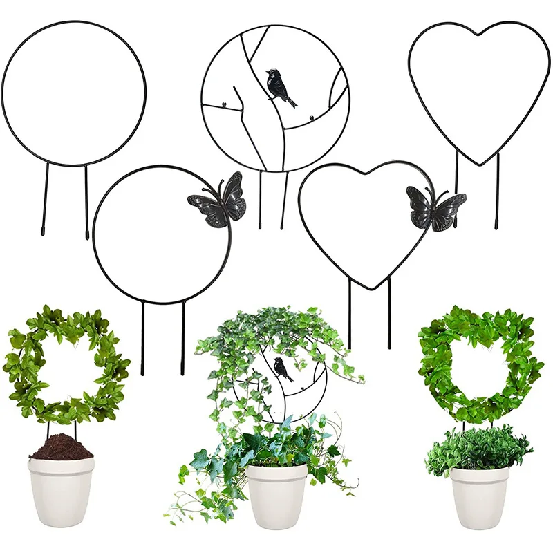 Six black Garden Plant Support Stake Stands, ideal as garden supports or plant stakes, feature heart and round designs with butterfly or bird accents. Perfect for displaying above potted plants to enhance your trellis decor.