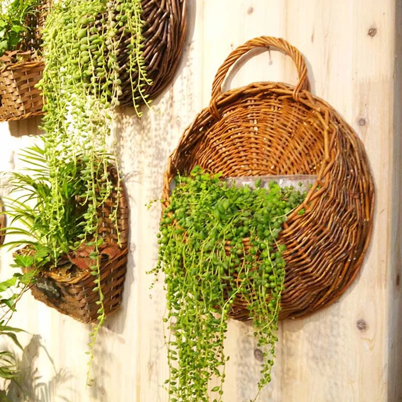 Three Hand Made Wicker Rattan Flower Planters are mounted on a light wooden wall, each filled with lush green trailing plants that cascade over the edges for a vibrant, rustic indoor garden look.