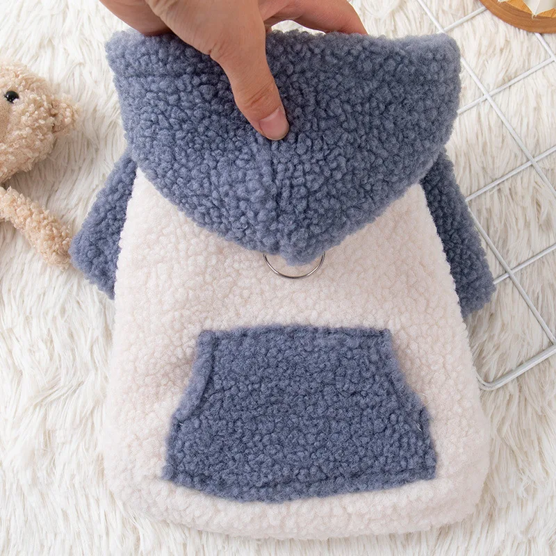 A hand holds a cream-colored Cat or Dog Hoodie with Buckle, featuring gray sleeves, hood, front pocket, and a metal ring below the hood. The background includes a furry rug and part of a plush toy.