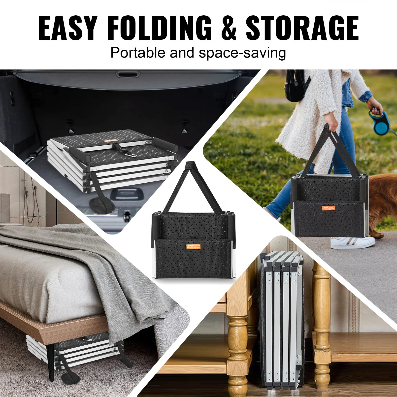 Collage shows a folding black pet crate in various settings. Text reads: “Easy Folding & Storage””Portable and space-saving.” Ideal for use with VEVOR Dog Stair for Cars, 4-step folding portable pet steps, lightweight aluminum, 150 lbs capacity.