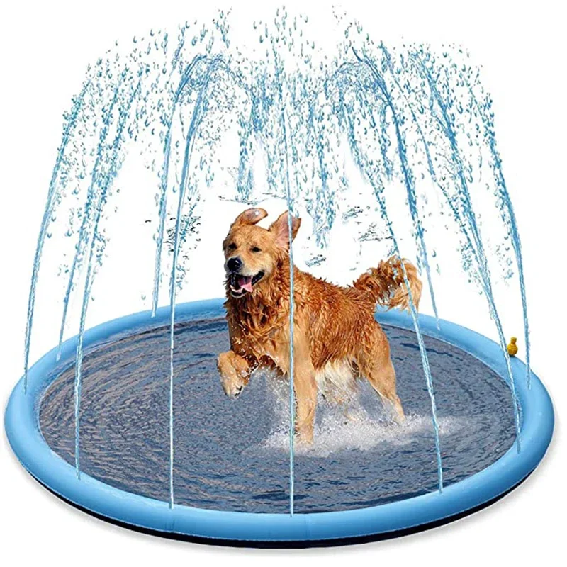 A wet golden retriever joyfully plays in a round blue Pet Swimming Pool Inflatable Water Sprinkler, with water jets spraying upward in an arc around the dog. The white background highlights the playful scene and water spray.