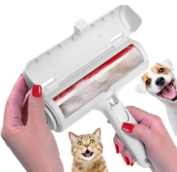 Hands with red nails hold the open Pet Hair Remover Roller, filled with collected fur. A happy cat and smiling dog in the background highlight its effectiveness for easy pet hair removal. Compartment shows trapped fur.
