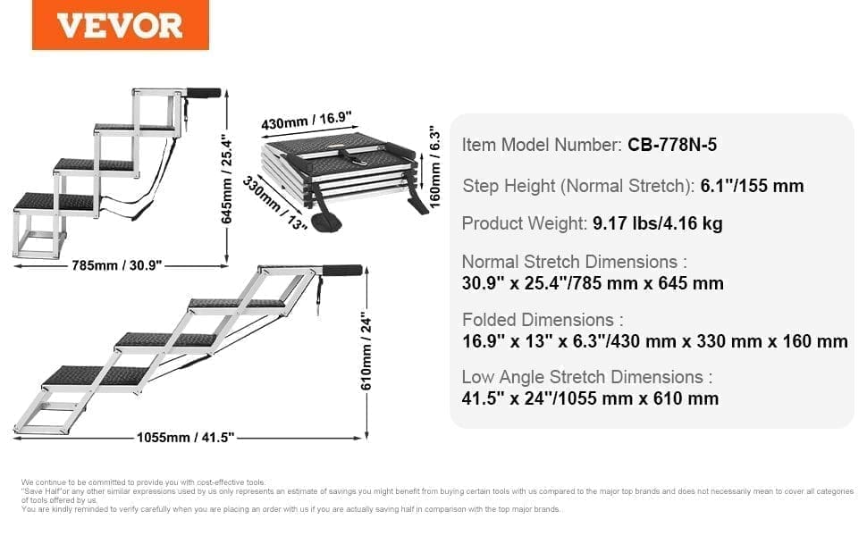 Image shows the VEVOR Dog Stair for Cars, a wide 4-step folding aluminum pet step for car, SUV, or truck (supports up to 150 lbs). Diagrams display open, folded, and low-angle positions with measurements. Lightweight and portable.