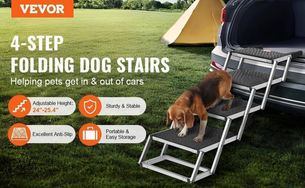 A brown and white dog uses VEVOR Dog Stair for Cars””wide, 4-step folding pet steps made of lightweight aluminum (supports up to 150 lbs)””to exit an SUV by a tent on grass. Features: adjustable height, sturdy, anti-slip, portable for easy storage.
