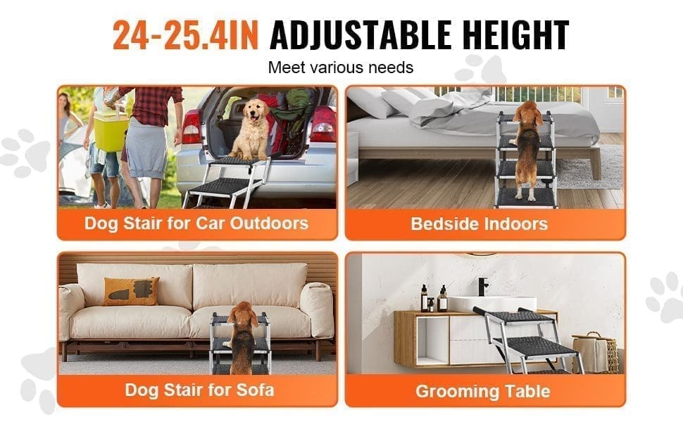 Four images show a dog using the VEVOR Dog Stair for Cars (wide 4-step, folding, lightweight aluminum, 150 lbs) to access a car, bed, sofa, and grooming table. The adjustable pet steps offer a height range of 24”“25.4 inches for versatility.