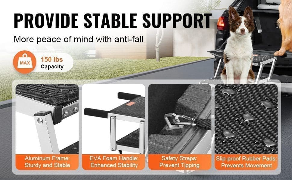 The VEVOR Dog Stair for Cars features 4 wide, folding steps with a 150 lbs capacity, lightweight aluminum frame, EVA foam handle, safety straps, and slip-proof rubber pads””perfect portable pet steps for stable support in your car, SUV, or truck.