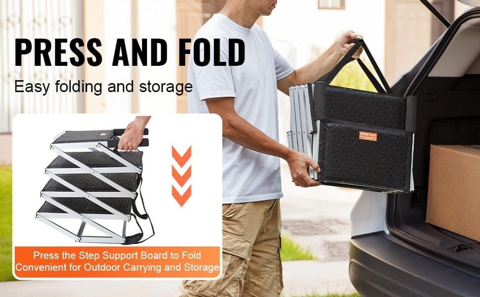 A person folds the VEVOR Dog Stair for Cars, wide 4-step portable pet steps (150 lbs, aluminum), by an open trunk. An inset with orange arrows shows folding steps. Text: “Press and Fold. Easy folding and storage.” Box: “Press Step Support Board to Fold.”.