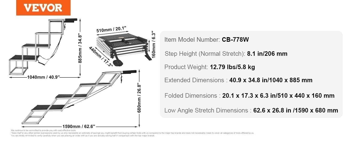 The VEVOR Dog Stair for Cars, a lightweight, folding 4-step aluminum pet ladder (150 lbs capacity), is shown extended and folded. Ideal for SUVs and trucks. Dimensions, specs, and weight are listed. VEVOR logo appears top left.