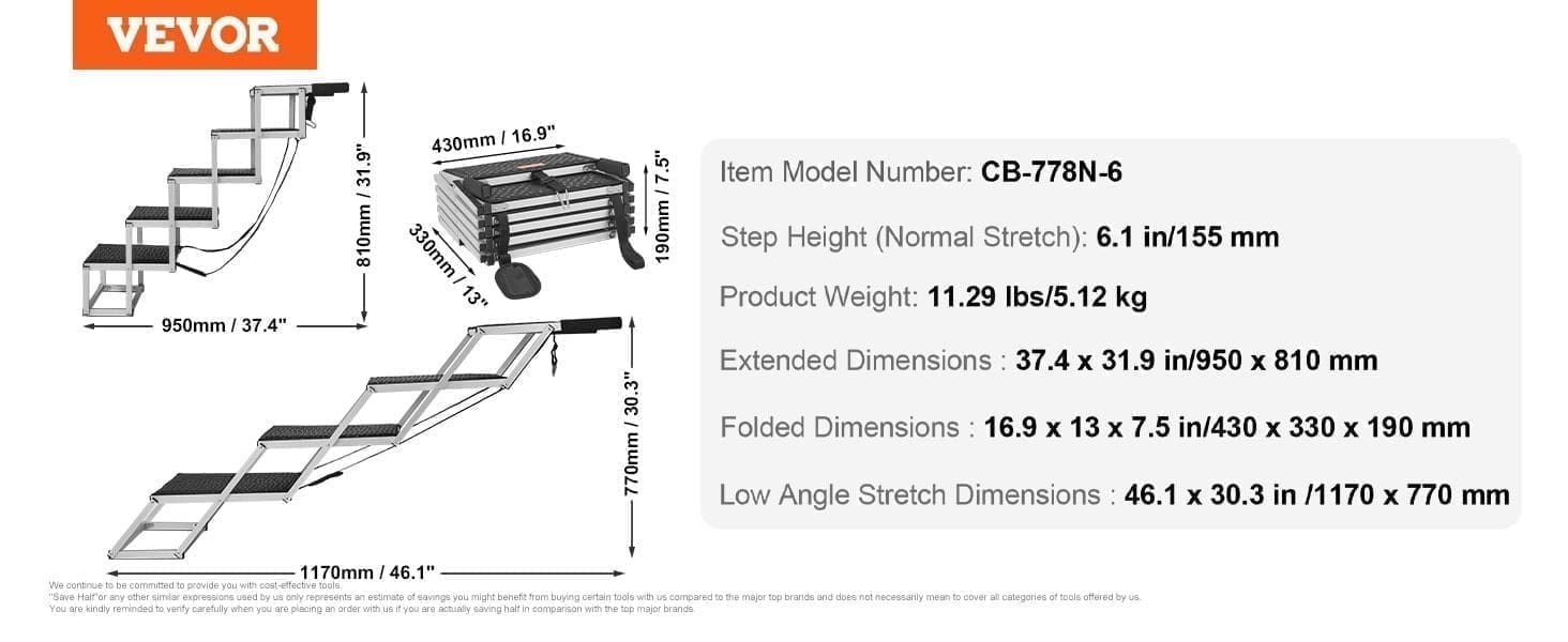 Image shows VEVOR Dog Stair for Cars, a lightweight 4-step folding aluminum pet stair (model CB-778N-6), supports up to 150 lbs; step height 6.1 in, weight 11.29 lbs; extended size 37.4x31.9 in, folded 16.9x7.5 in, low angle 46.1x30.3 in.