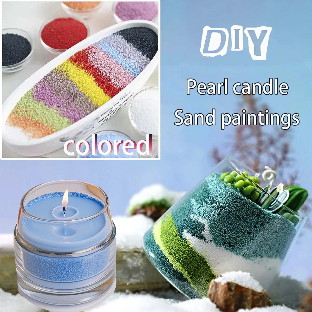 A collage displays Sand Wax for Candle Making, including colored sand in dishes, a glass with layered sand art, and a blue sand wax candle. Text: DIY Pearl candle Sand paintings colored. Snow and blurred plants are in the background.