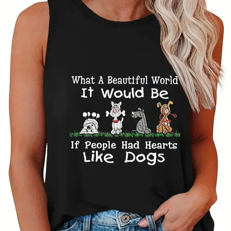 Wearing the What a Beautiful World Cute Dogs Sleeveless Tank Top with cartoon dog prints tucked into light blue jeans, she shows off her long, wavy blonde hair for a cheerful, playful vibe.