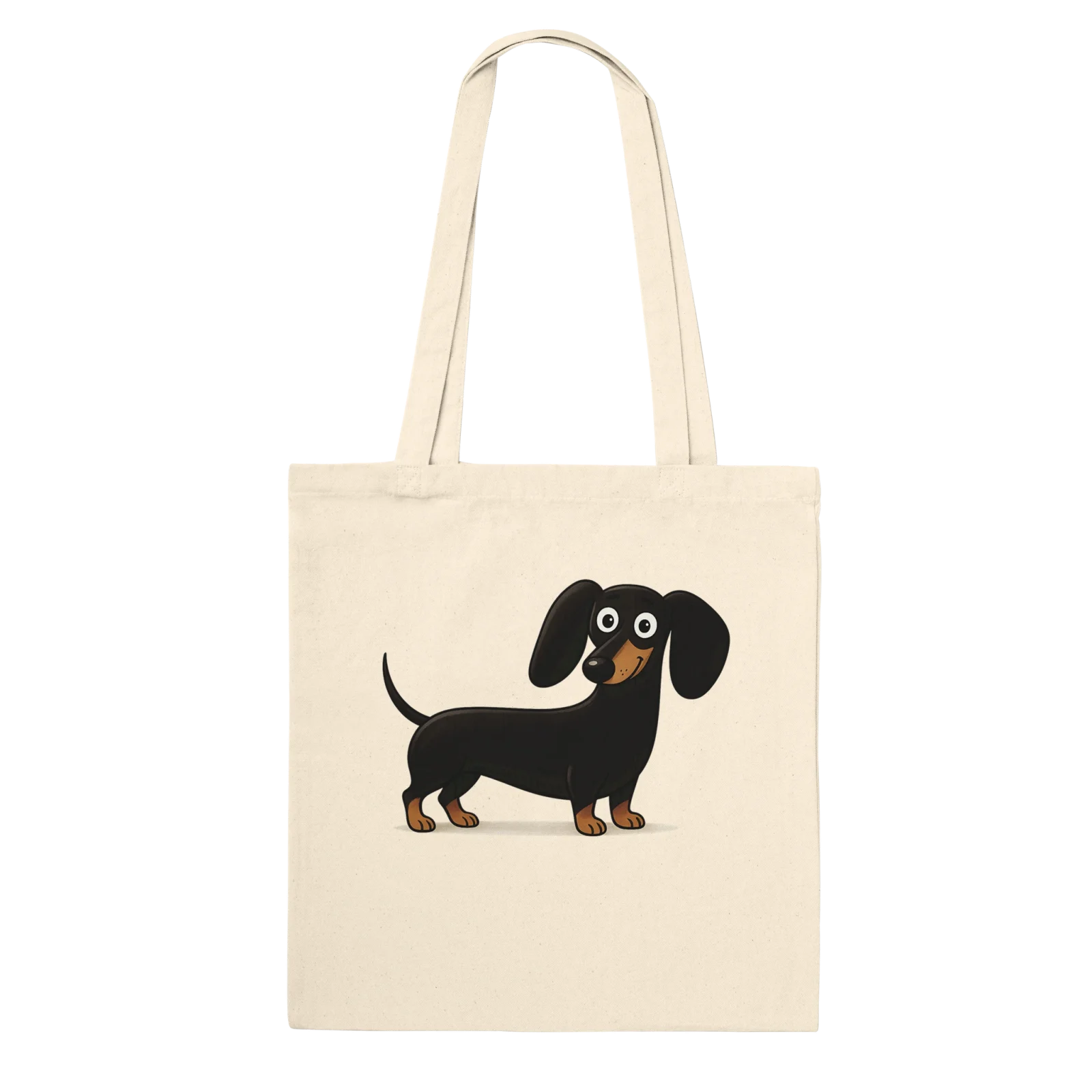 The Classic Tote Bag Natural in cream features a cheerful cartoon black and tan dachshund, has two sturdy handles, and is shown against a plain black background.