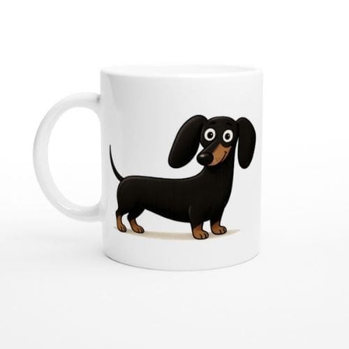 The Dachshund Mug is a white ceramic mug featuring a cartoon black and brown dachshund with large eyes, long ears, and a happy expression, standing on all fours against a plain white background.