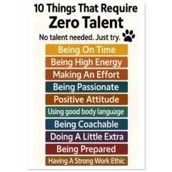 The Greatness Starts with Effort, Not Talent Poster features colorful bars listing 10 things that require zero talent””such as being on time and making an effort””reminding you that anyone can achieve greatness through simple choices.