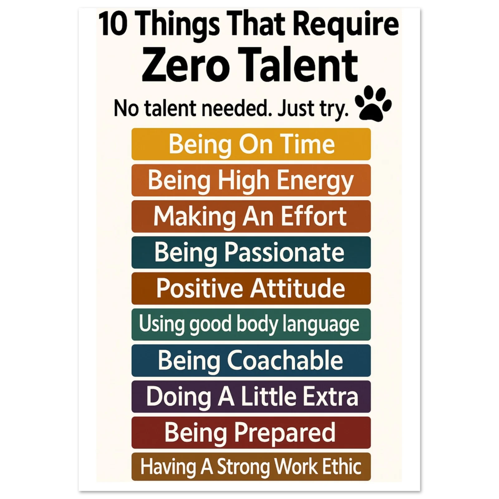 The Greatness Starts with Effort, Not Talent Poster features colorful bars listing 10 things that require zero talent””such as being on time and making an effort””reminding you that anyone can achieve greatness through simple choices.