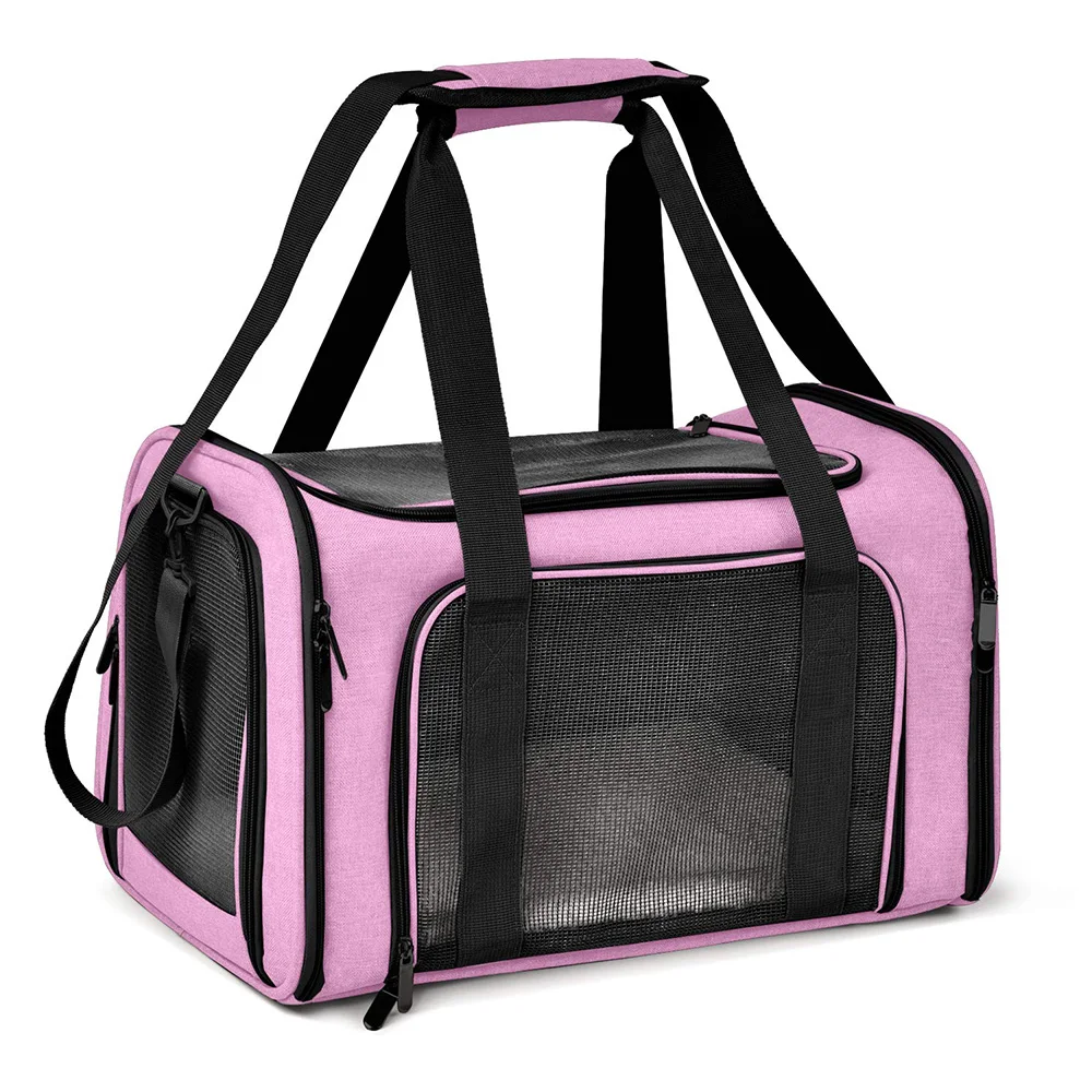The Dog Carrier Bag Soft Side Backpack is black with mesh sides, zippered compartments, handles, and a shoulder strap.