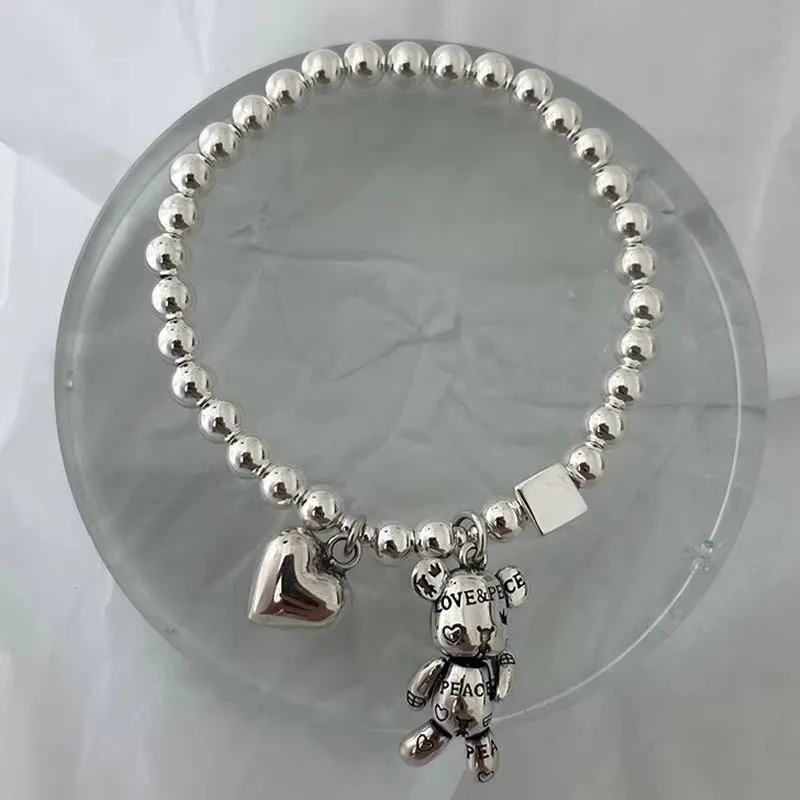 Silver Beaded Bracelet | Sterling Silver Bear Design - Image 5
