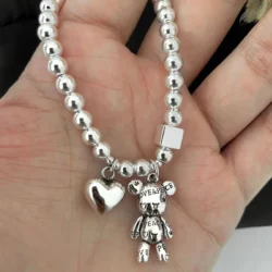 Silver Beaded Bracelet | Sterling Silver Bear Design