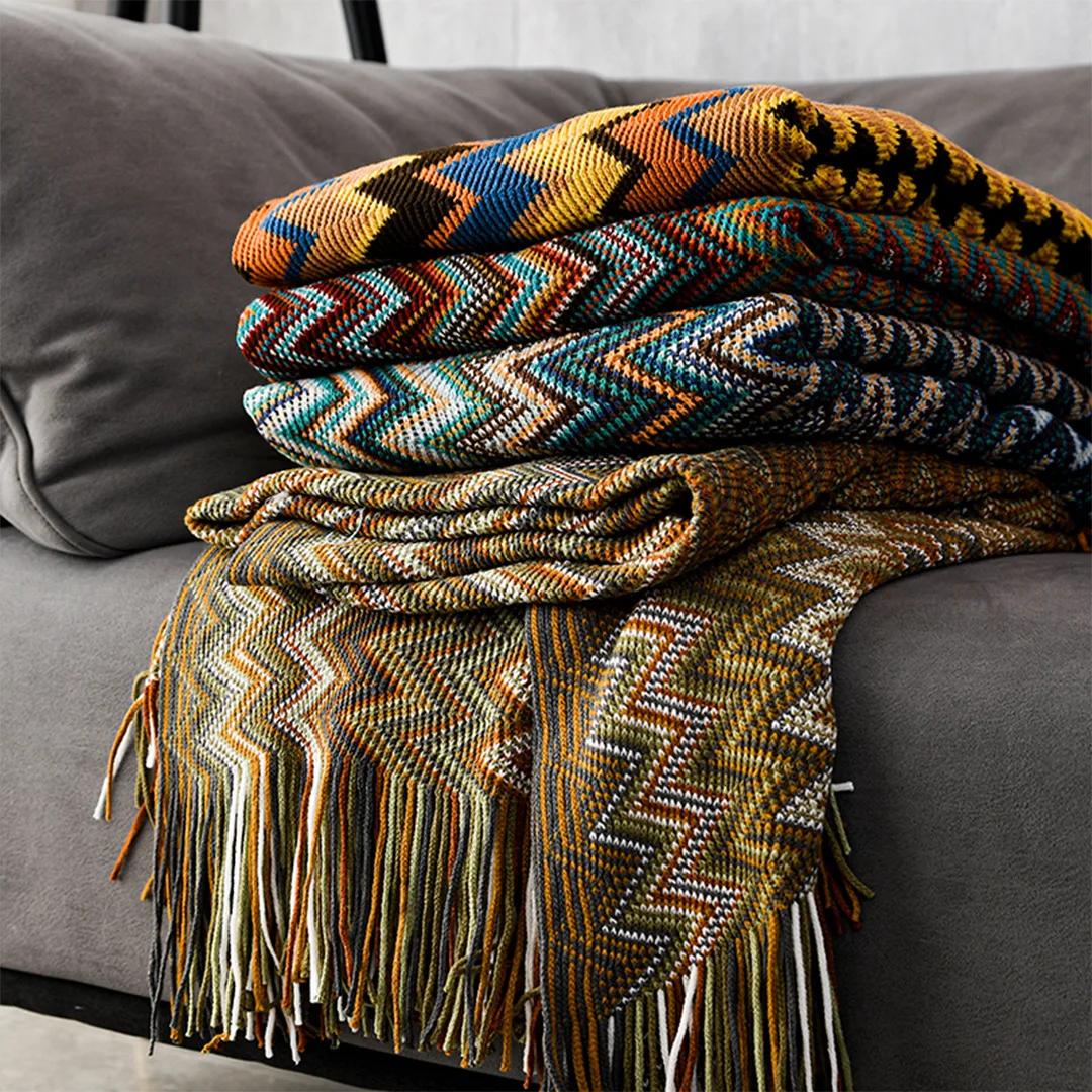 Colorful Zigzag Knit Throw Blanket | Boho Tasselled Sofa Throw
