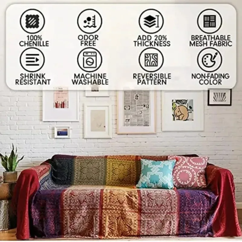 Boho Plaid Blanket | Chenille Throw with Tassels for Sofa & Bed - Image 2