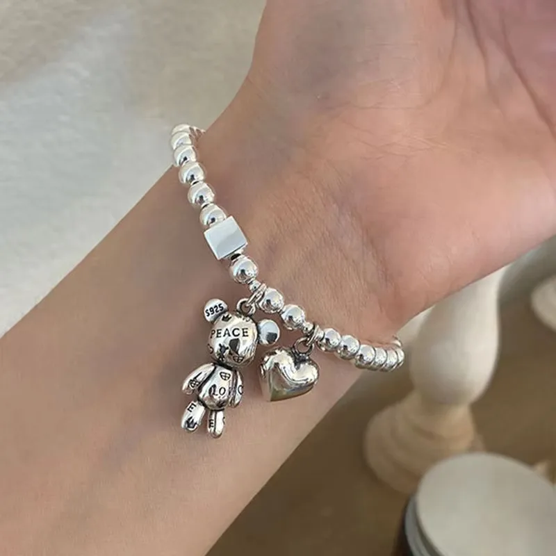 Silver Beaded Bracelet | Sterling Silver Bear Design - Image 6