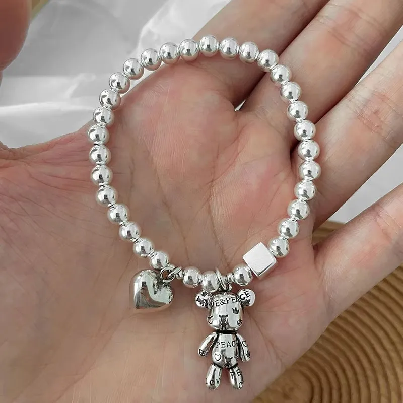 Silver Beaded Bracelet | Sterling Silver Bear Design - Image 2