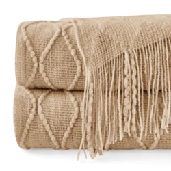 Oversized Boho Throw Blanket | Soft Tan Knit Fringed Sofa Throw