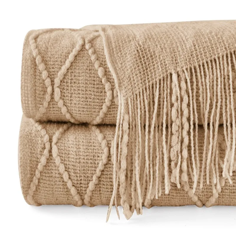 Oversized Boho Throw Blanket | Soft Tan Knit Fringed Sofa Throw