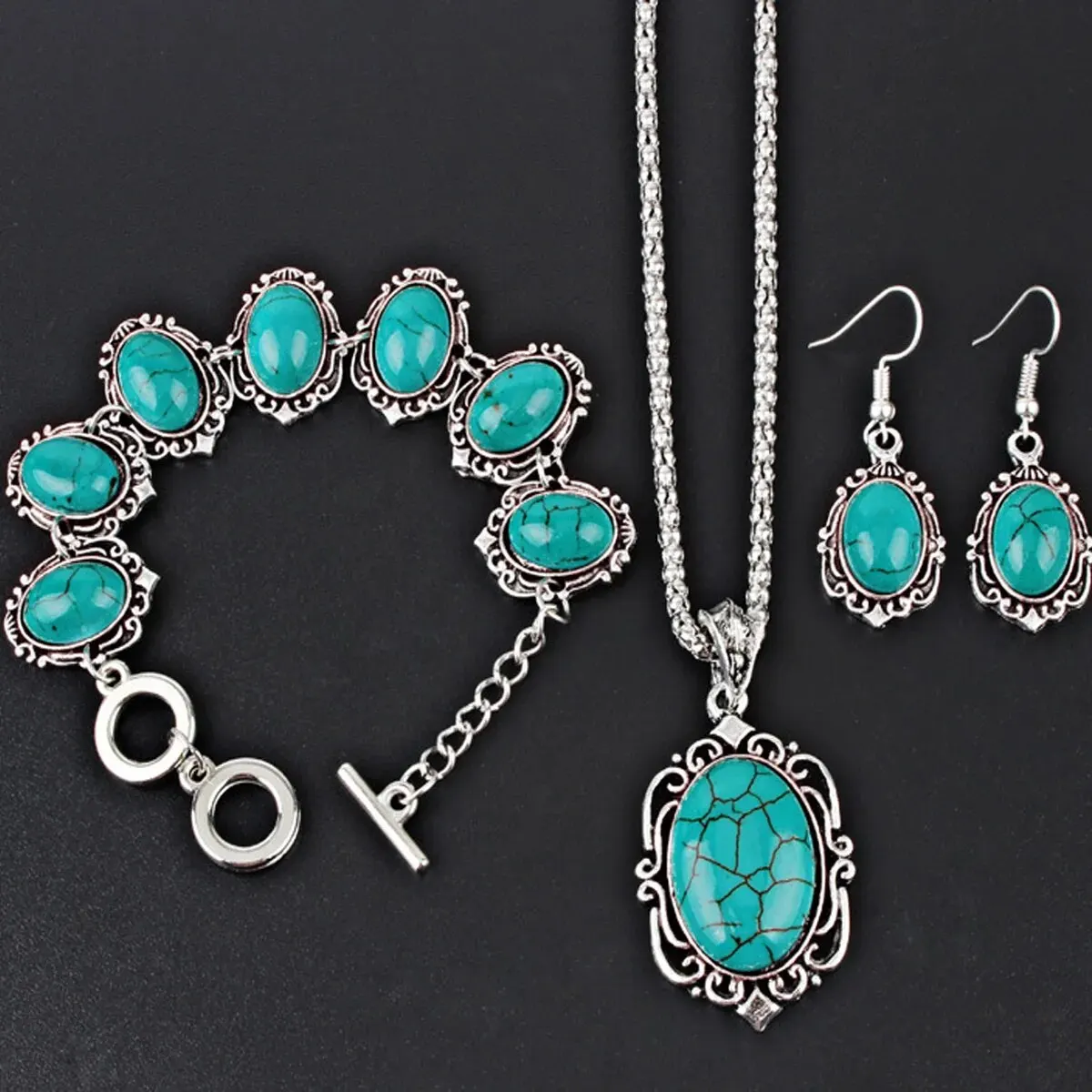 Vintage silver-tone turquoise bracelet, necklace, and earring set