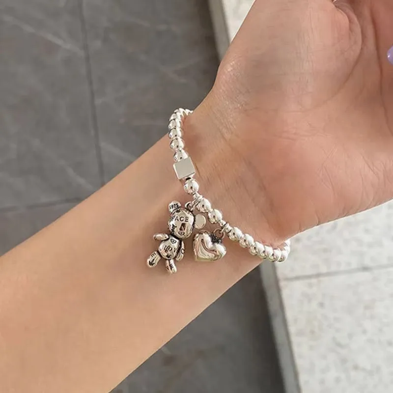 Silver Beaded Bracelet | Sterling Silver Bear Design - Image 3