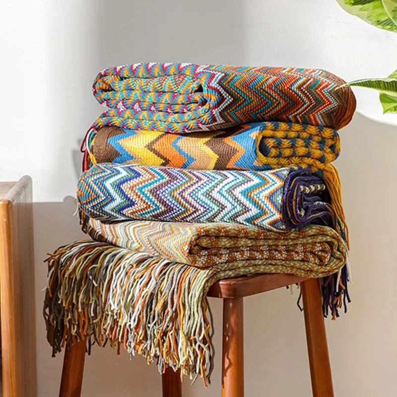 Retro Bohemian Knitted Blanket | Soft Boho Throw with Tassels