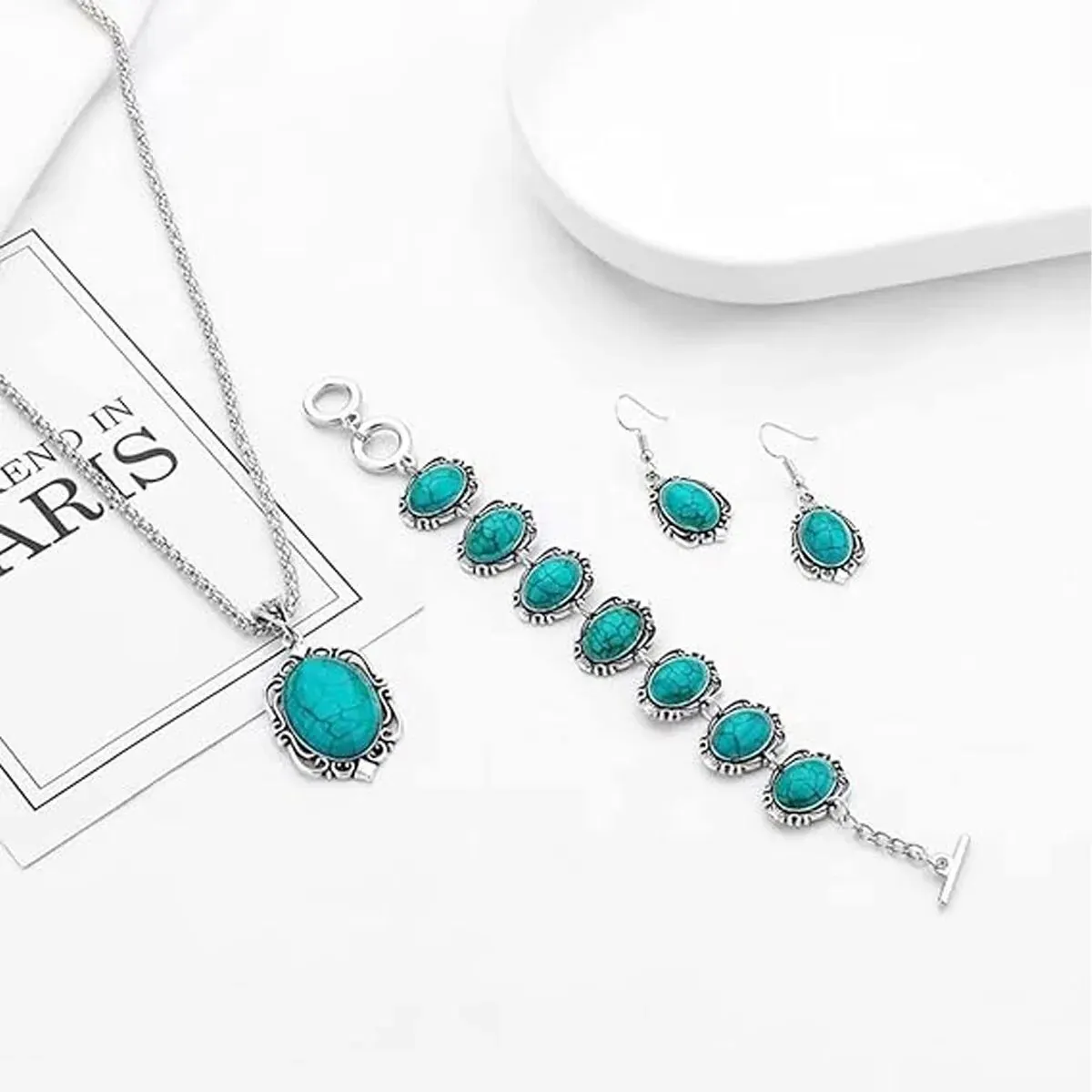 Elegant turquoise jewellery gift set without box on display stand