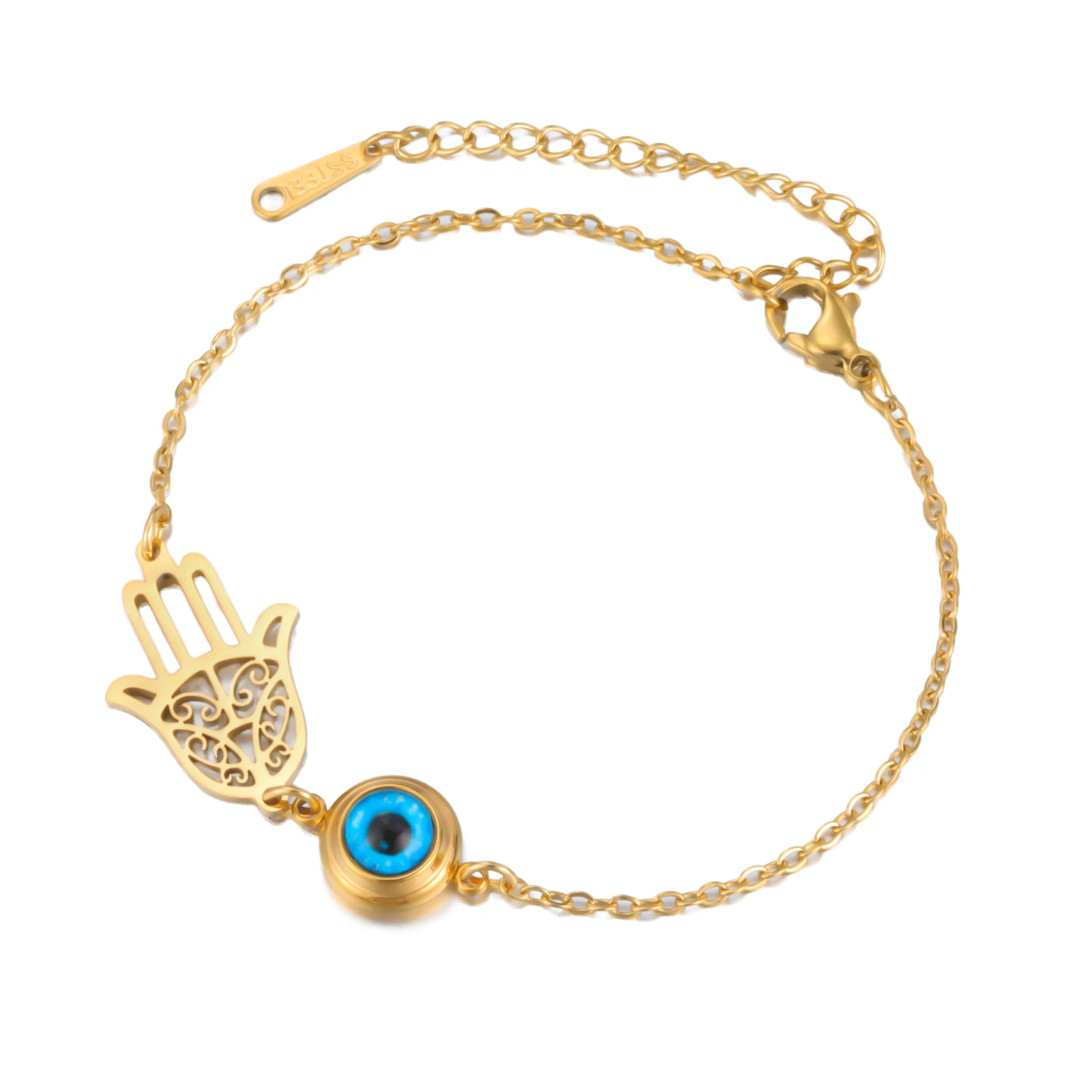 Blue Eye Hamsa Bracelet | Gold Charm Bracelet by Spencer Vibes