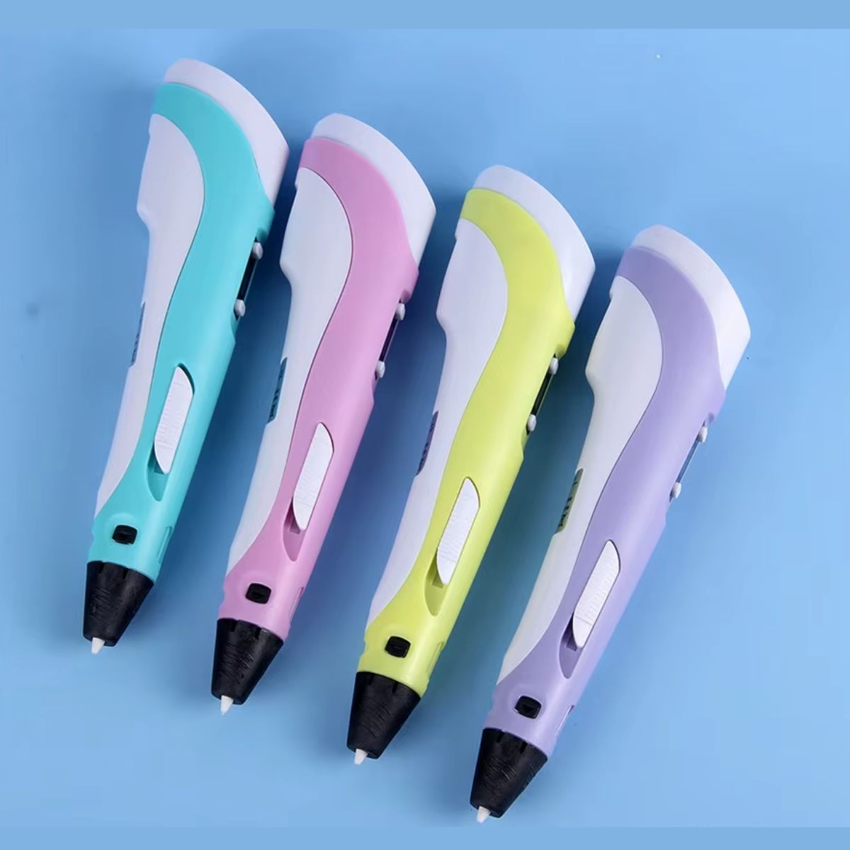 Four colourful 3D printing pens with LED display, suitable for PLA and ABS filaments, arranged on a blue background.