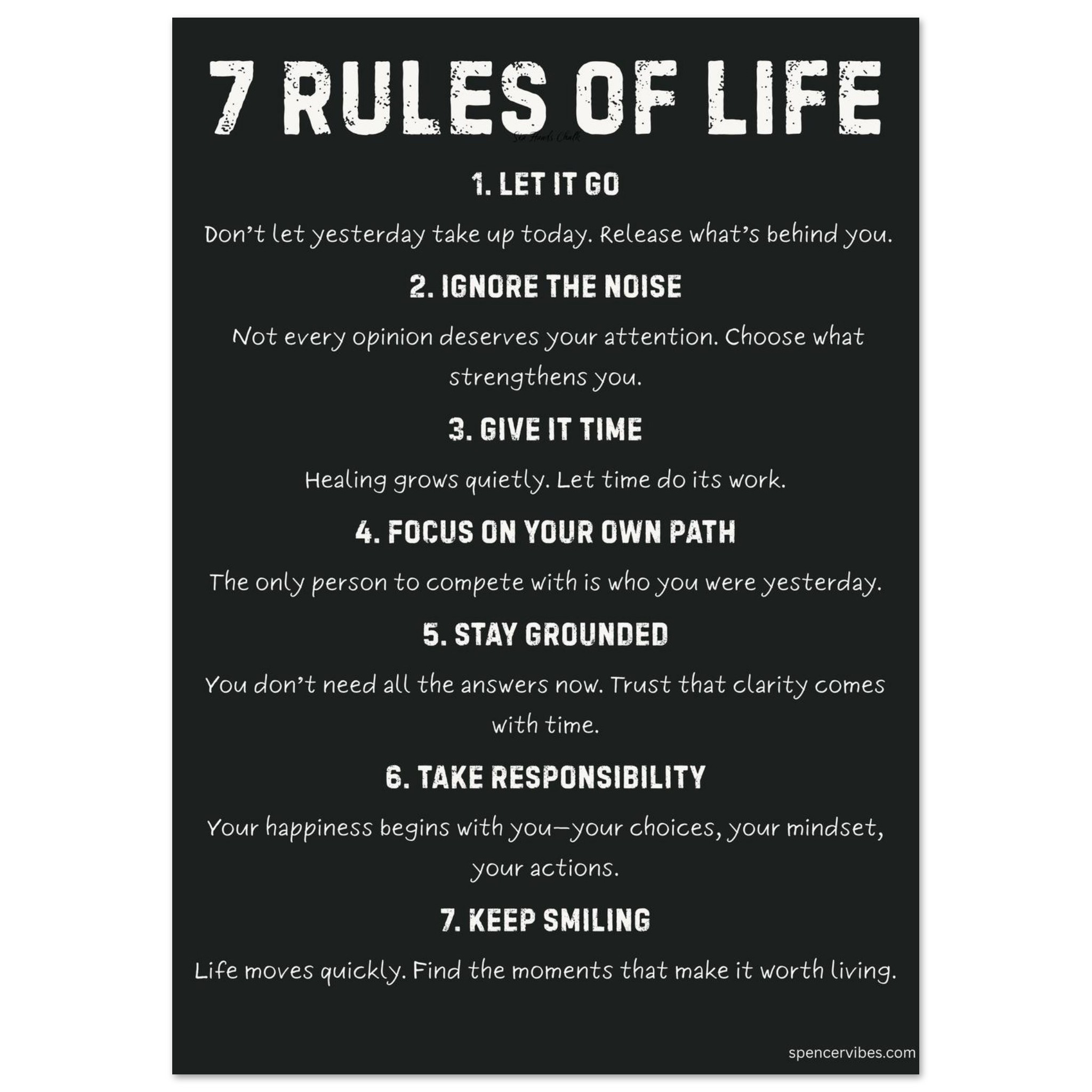 A3 ‘7 Rules of Life’ mindfulness poster featuring modern, minimalist typography on a soft off-white background, designed to bring calm and inspiration to any room.