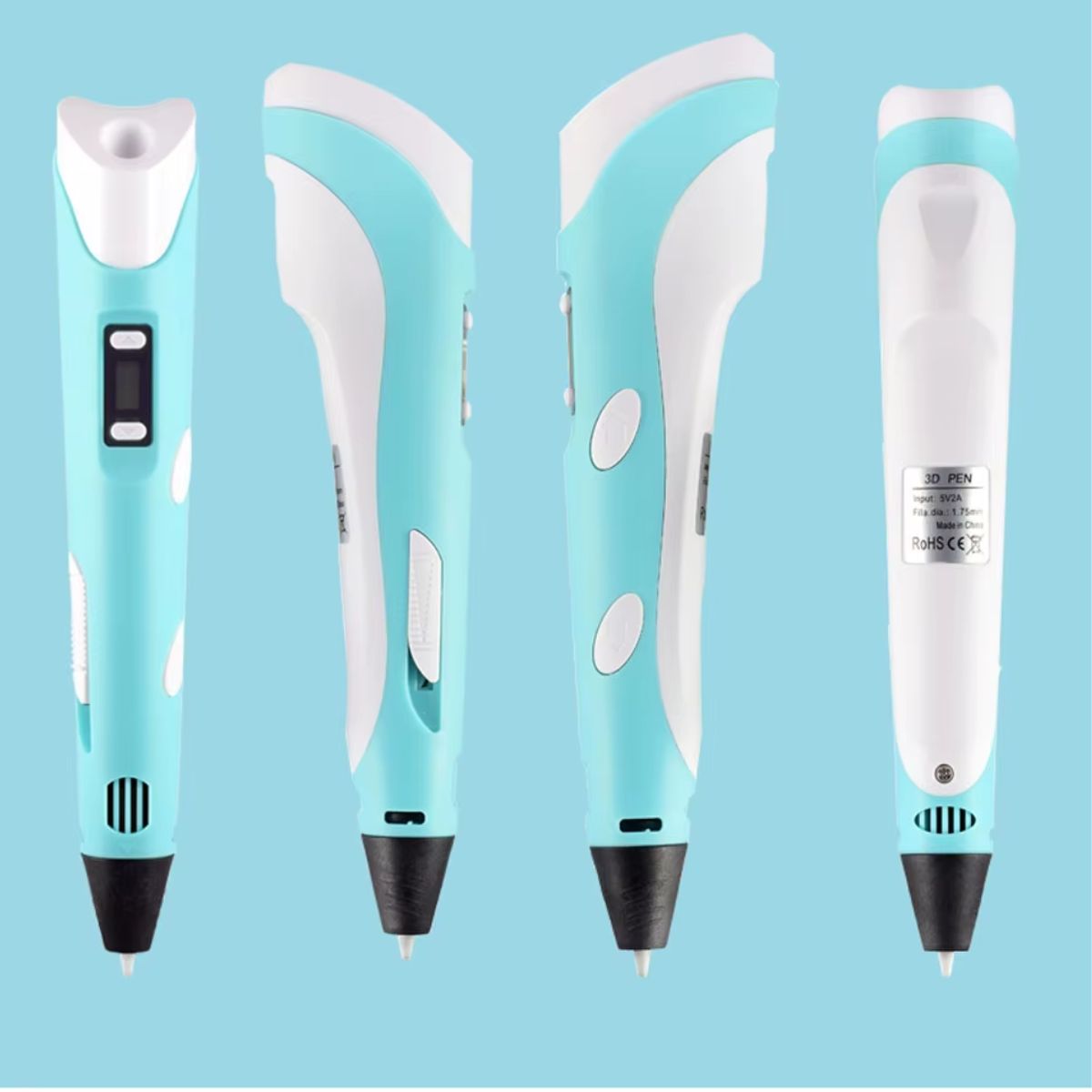 Four angles of a blue 3D printing pen with LED display, suitable for PLA and ABS filaments, arranged on a blue background.