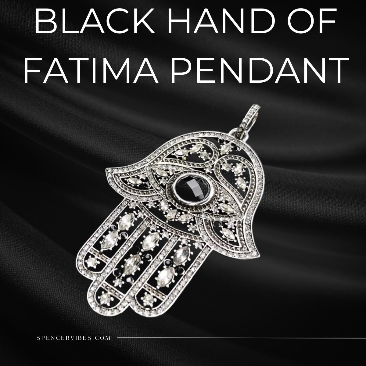 Large 925 silver hand-shaped pendant with black detailing and zircon stones displayed on black