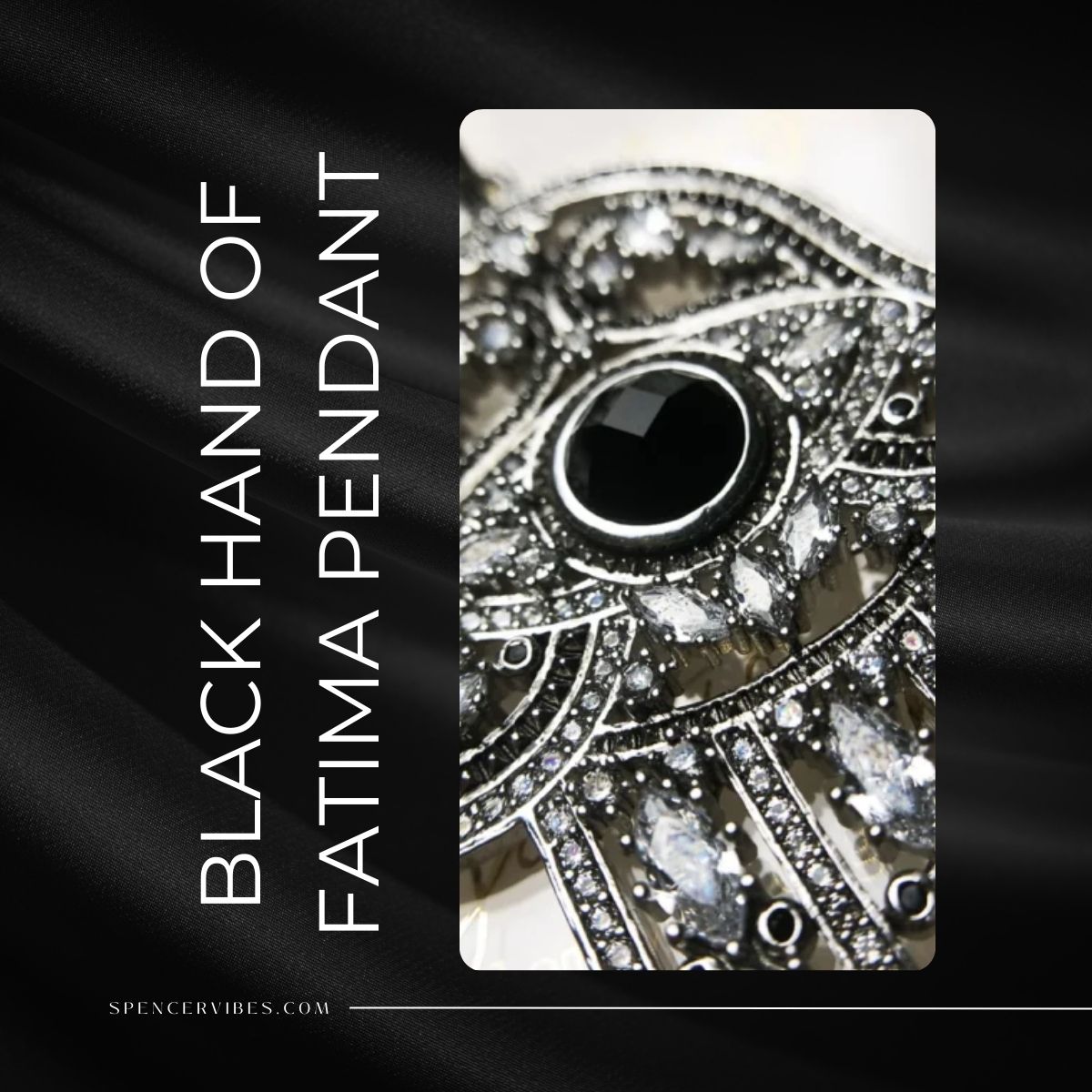 Closeup of the Large 925 silver hand-shaped pendant with black detailing and zircon stones displayed on black