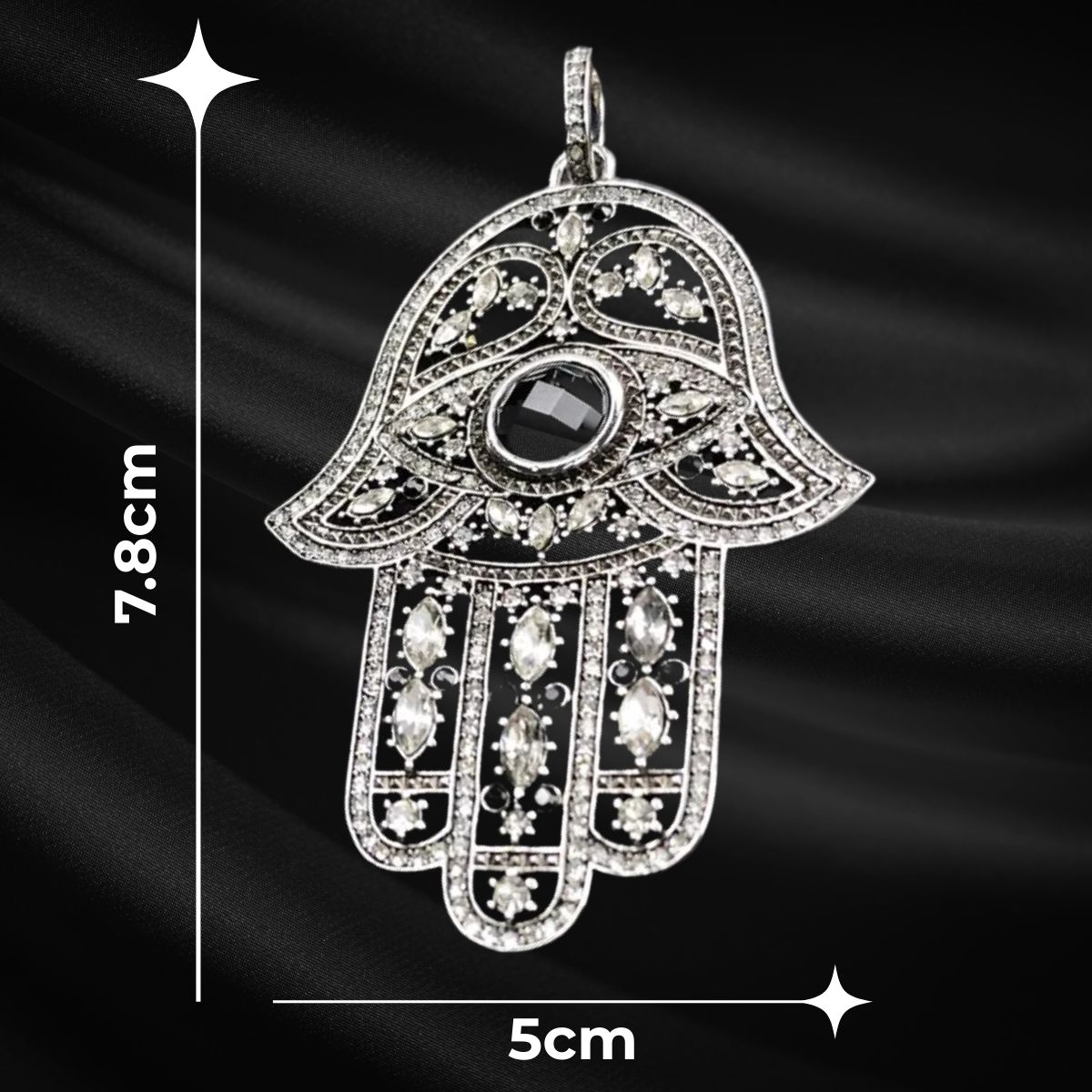 Large 925 silver hand-shaped pendant with black detailing and zircon stones displayed on black background showing dimensions
