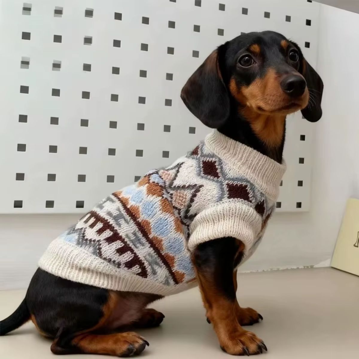 A small black and brown dachshund sits on a light surface, wearing the Bohemia Sweater for Small Dogs featuring brown, blue, and gray geometric patterns. Behind is a white panel with a grid of small square holes.