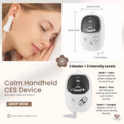 Calm handheld CES device shown beside a relaxed woman resting, highlighting three operating modes and a minimalist white design on a soft neutral background.