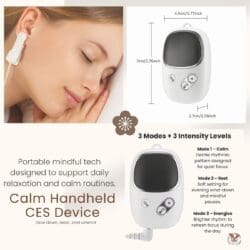 Calm handheld CES device shown beside a relaxed woman resting, highlighting three operating modes and a minimalist white design on a soft neutral background.
